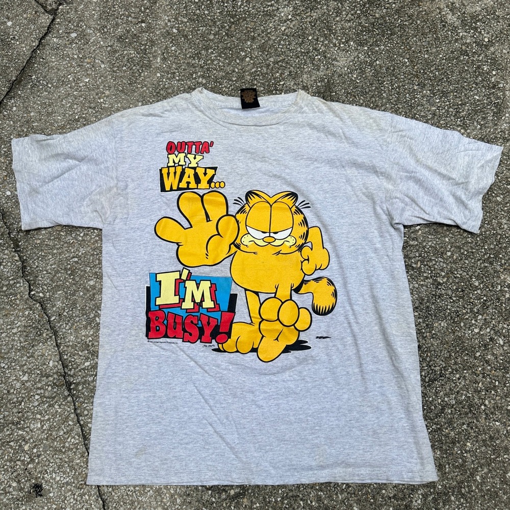 Vintage Garfield Sun T Shirt Outta My Way Im Busy Heather Gray Large Made in USA
